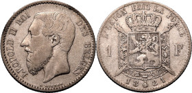BELGIUM. L&eacute;opold II. 
Silver 1 franc, 1881. 
Dies by Leopold Wiener. Obv: LEOPOLD II ROI DES BELGES, bare head left. Rev: L'UNION FAIT LA FOR...
