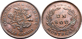 CANADA. 
Copper 1 sou, 1837. Lower Canada - Bank of Montreal. 
Montr&eacute;al Bank Token. 
Extremely fine. 

Thickness: 27.6 mm.
Weight: 8 g.
...