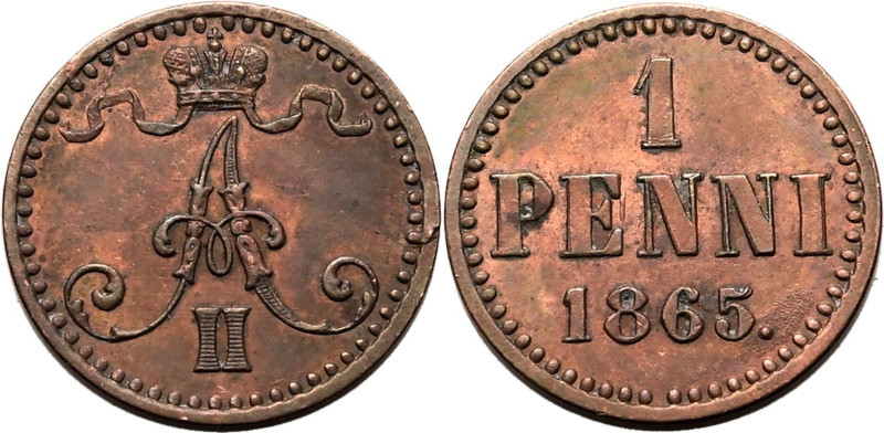 FINLAND. Alexander II, 1855-81. 
Copper 1 penni, 1865. 
Near Extremely Fine; t...