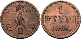FINLAND. Alexander II, 1855-81. 
Copper 1 penni, 1865. 
Near Extremely Fine; traces of mint lustre. 

Diameter: 15 mm.
Thickness: 1 mm.
Weight: ...