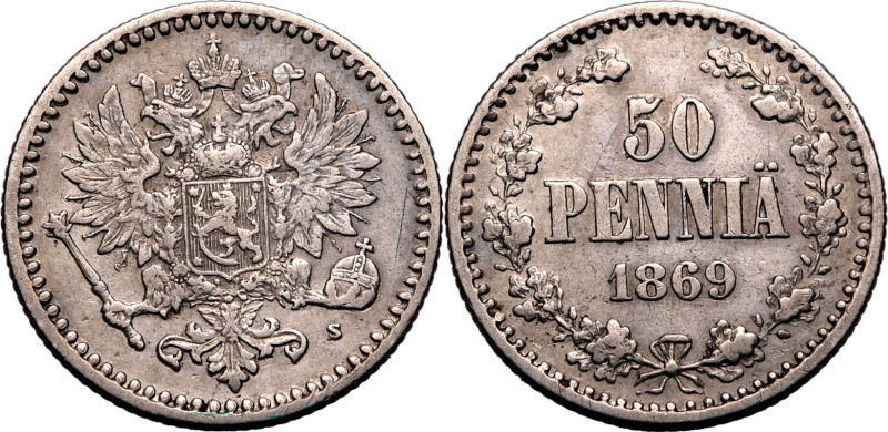 FINLAND. (RUSSIAN EMPIRE). Alexander II. 
Silver 50 penni&auml;, 1869. 
Obv: R...