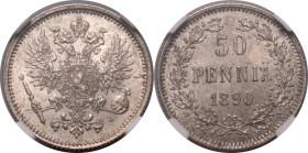 FINLAND. (RUSSIAN EMPIRE). Alexander III. 
Silver 50 penni&auml;, 1890 L. 
Conrad Lihr, mint-master. Obv: Russian imperial eagle with Finnish coat o...