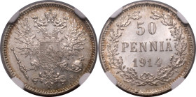 FINLAND. (RUSSIAN EMPIRE). Nicholas II. 
Silver 50 penni&auml;, 1914 S. 
Isak Gustaf Sundell, mint-master. Obv: Russian imperial eagle with Finnish ...