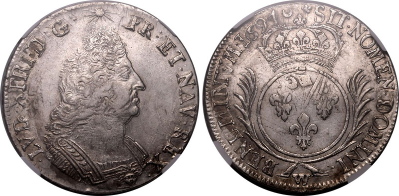 FRANCE. Louis XIV. 
Silver 1 ecu, 1694 W. Lille. 
Obv: LVD XIIII D G FR ET NAV...