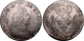 FRANCE. Louis XIV. 
Silver 1 ecu, 1694 W. Lille. 
Obv: LVD XIIII D G FR ET NAV REX, cuirassed bust right with aegis on chest, radiant sun above. Rev...