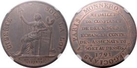 FRANCE. CONSTITUTION. 
Copper Monneron 2 sols token, 1791. Soho mint (Birmingham). 
Issued by the Monneron brothers. Obv: LIBERT&Eacute; SOUS LA LOI...