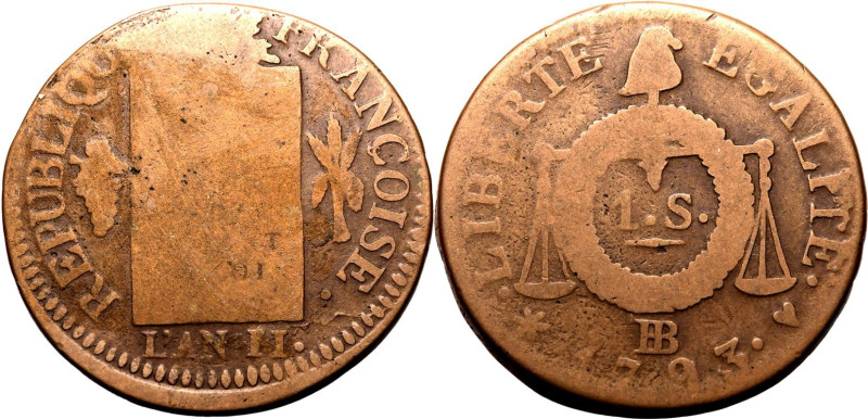 FRANCE. FIRST REPUBLIC. 
Copper 1 sol aux balances, 1793 BB. Strasbourg. 
Obv:...