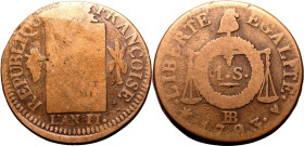 FRANCE. FIRST REPUBLIC. 
Copper 1 sol aux balances, 1793 BB. Strasbourg. 
Obv: REPUBLIQUE FRAN&Ccedil;AISE around table inscribed LES HOMMES SONT EG...