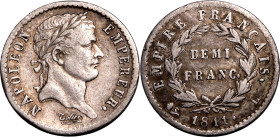 FRANCE. Napoleon I. 
Silver 1/2 franc, 1811 L. Bayonne. 
Obv: NAPOLEON EMPEREUR, laureate head right. Rev: EMPIRE FRAN&Ccedil;AIS, denomination with...