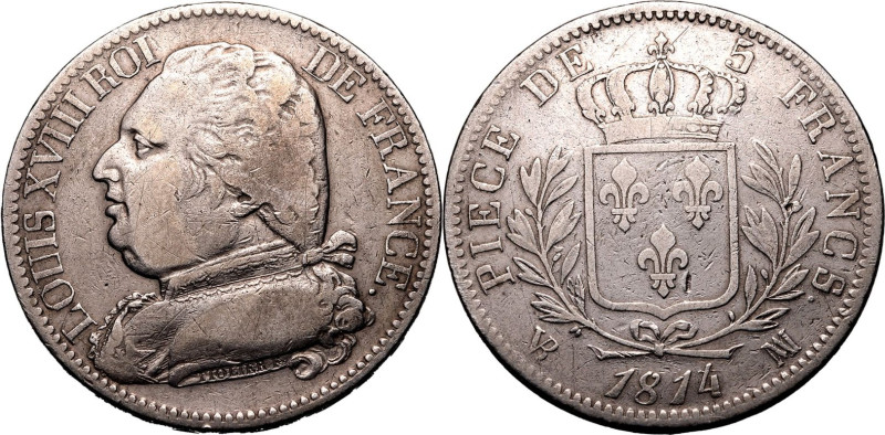 FRANCE. Louis XVIII. 
Silver 5 francs, 1814 MA. Marseille. 
Obv: LOUIS XVIII R...