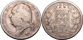 FRANCE. Louis XVIII. 
Silver 2 francs, 1821. Perpignan. 
Obv: LOUIS XVIII ROI DE FRANCE, bare head left. Rev: crowned and wreathed coat of arms; den...