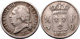 FRANCE. 
Silver 1/4 franc, 1823 Q. Louis XVIII. 
Near Very Fine. 

Reference: KM-714, KM-352, F-163
Diameter: 15 mm.
Weight: 1.25 g.
Compositio...