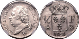 FRANCE. Louis XVIII. 
Silver 1/4 franc, 1824 B. Rouen. 
Dies by Pierre-Joseph Tiolier. Albin-&Eacute;tienne de Cambry, mint-master. Obv: LOUIS XVIII...