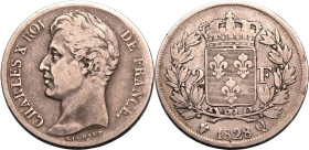 FRANCE. Charles X. 
Silver 2 francs, 1828 Q. Perpignan. 
Obv: bare head left. Rev: crowned and wreathed coat of arms; denomination across fields, da...