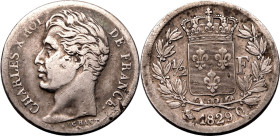FRANCE. Charles X. 
Silver 1/2 franc, 1829 Q. Perpignan. 
Abel de Lorme, mintmaster. Dies by Auguste-Fran&ccedil;ois Michaut. Obv: CHARLES X ROI DE ...