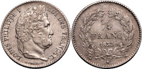 FRANCE. Louis Philippe I. 
Silver 1/4 franc, 1832 K. Bordeaux. 
Obv: LOUIS PHILIPPE I ROI DES FRAN&Ccedil;AIS, oak-wreathed head right. Rev: denomin...