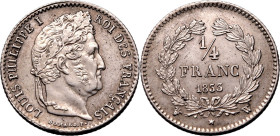 FRANCE. 
Silver 1/4 franc, 1833 W. Louis-Philippe. 
Extremely fine. 

Reference: KM-740, Gad-355, F-166
Diameter: 15 mm.
Weight: 1.25 g.
Compos...