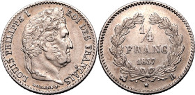 FRANCE. 
Silver 1/4 franc, 1837 B. Louis-Philippe. 
Near Extremely Fine. 

Reference: KM-740, Gad-355, F-166
Diameter: 15 mm.
Weight: 1.25 g.
C...