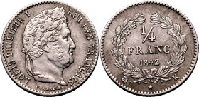 FRANCE. 
Silver 1/4 franc, 1842 K. Louis-Philippe. 
Near Extremely Fine. 

Reference: KM-740, Gad-355, F-166
Diameter: 15 mm.
Weight: 1.25 g.
C...
