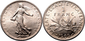 FRANCE. 
Silver 1 franc, 1909. 
Semeuse MS65 . 
About uncirculated. 

Reference: KM-844, Gad-467, F-217, Sch&ouml;n-187
Diameter: 23 mm.
Weight...