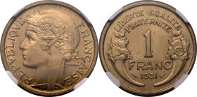 FRANCE. 
Aluminium-bronze 1 franc, 1931. 
In secure plastic holder, graded NGC MS 66, certification number 6631641-016. 

NGC Census in this grade...