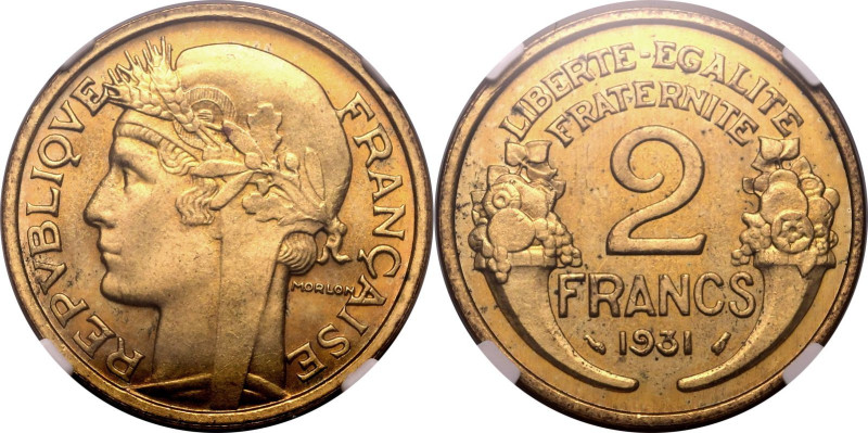 FRANCE. 
Aluminium-bronze 2 francs, 1931. 
In secure plastic holder, graded NG...