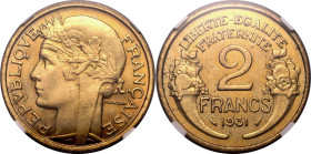 FRANCE. 
Aluminium-bronze 2 francs, 1931. 
In secure plastic holder, graded NGC MS 66, certification number 5776429-005. 

NGC Census in this grad...