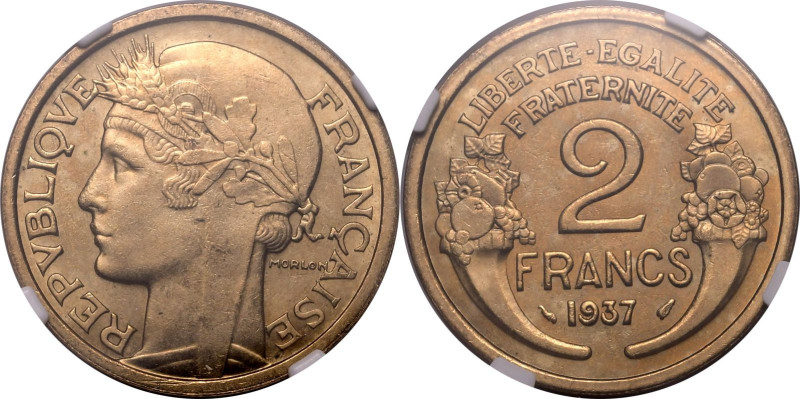 FRANCE. 
Aluminium-bronze 2 francs, 1937. 
In secure plastic holder, graded NG...