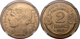 FRANCE. 
Aluminium-bronze 2 francs, 1939. 
In secure plastic holder, graded NGC MS 65, certification number 6631641-008. 

NGC Census in this grad...