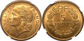 FRANCE. 
Aluminium-bronze 5 francs, 1939. Paris. 
Dies by Andr&eacute;-Henri Lavrillier. Obv: REPUBLIQUE FRAN&Ccedil;AISE, laureate head left. Rev: ...
