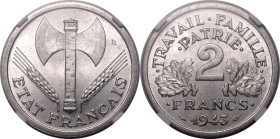 FRANCE. VICHY FRANCE. 
Aluminium 2 francs, 1943. Paris. 
Dies by Lucien Bazor. Obv: &Eacute;TAT FRAN&Ccedil;AIS below double-headed axe between ears...