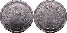 FRANCE. 
Aluminium 2 francs, 1945 C. 
In secure plastic holder, graded NGC MS 62, certification number 5783662-001. 

NGC Census in this grade: 1,...