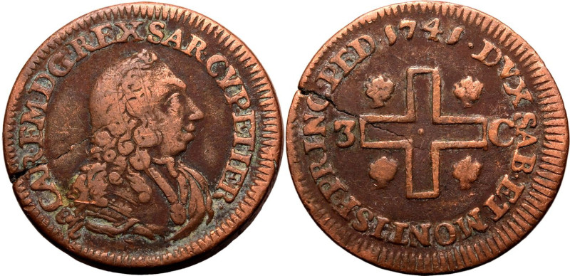 ITALIAN STATES. KINGDOM OF SARDINIA. Charles Emmanuel III. 
Copper 3 cagliaresi...