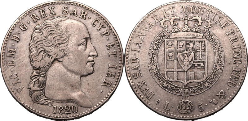 ITALIAN STATES. KINGDOM OF SARDINIA. Victor Emmanuel I. 
Silver 5 lire, 1820. ...