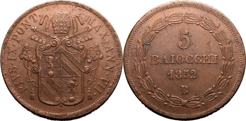 ITALIAN STATES. PAPAL STATES. Pius IX. 
Copper 5 baiocchi, 1852. 
Obv: PIVS IX...