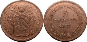 ITALIAN STATES. PAPAL STATES. Pius IX. 
Copper 5 baiocchi, 1852. 
Obv: PIVS IX PONT MAX ANNO V around papal crest. Rev: wreath around denomination a...