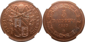 ITALIAN STATES. PAPAL STATES. Pius IX. 
Copper 5 baiocchi, 1853 R. 
Obv: PIVS IX PONT MAX ANN VIII, papal arms. Rev: denomination, date and mint-mar...