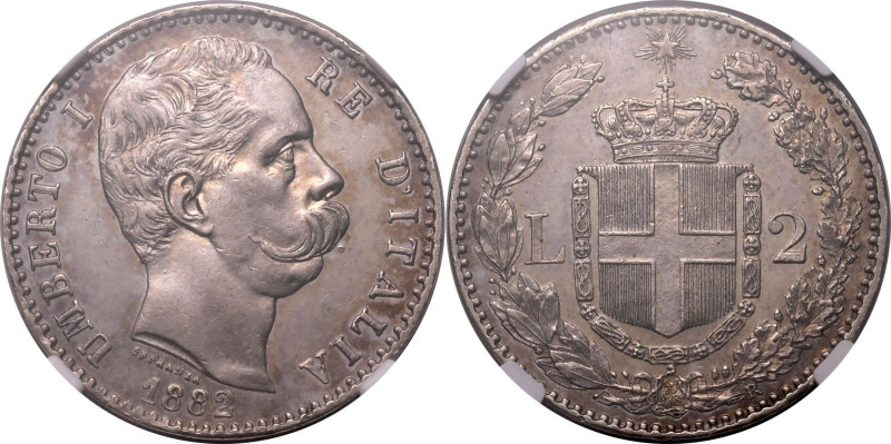 ITALY. Umberto I. 
Silver 2 lire, 1882 R. 
Dies by Filippo Speranza. Obv: UMBE...