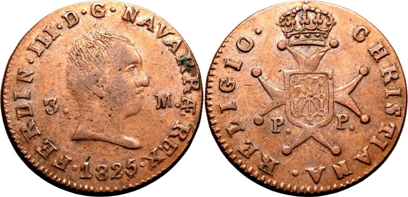 SPAIN. NAVARRE. 
Copper 3 maravedis, 1825 PP. Fernando VII. 
VF. 

Reference...