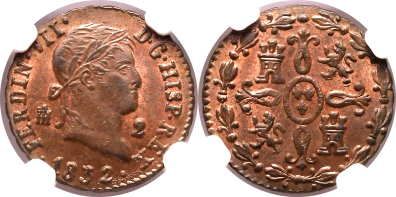 SPAIN. Ferdinand VII. 
Copper 2 maravedis, 1832. Segovia. 
Obv: FERDIN VII D G...