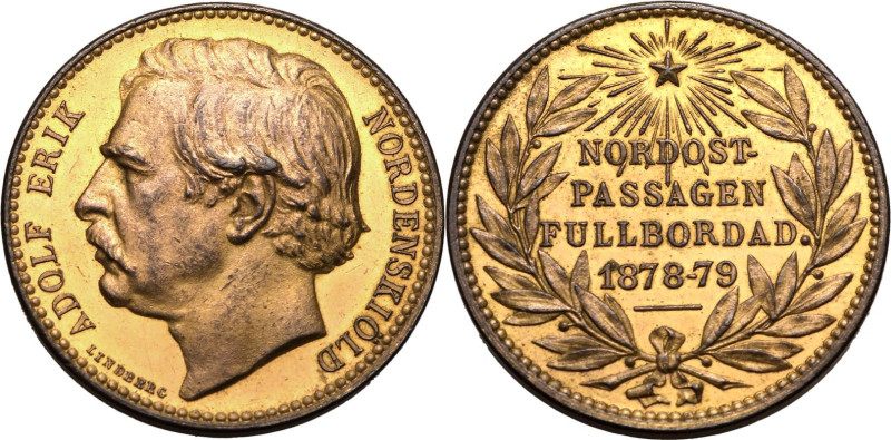 SWEDEN. Oskar II. 
Gold-clad Bronze medal, 1879. 
Commemorating the first cros...