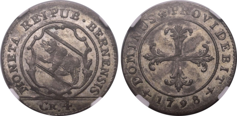 SWITZERLAND. CITY OF BERN. 
Billon 4 kreutzer, 1798. 
Obv: MONETA REIPUB BERNE...