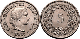 SWITZERLAND. 
Copper-nickel 5 rappen, 1903. 
Obv: CONF&OElig;DERATIO HELVETICA, diademed head of Libertas right; date below. Rev: Denomination withi...