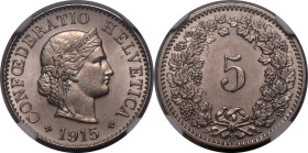 SWITZERLAND. 
Copper-nickel 5 rappen, 1915. 
Obv: CONF&OElig;DERATIO HELVETICA, diademed head of Libertas right; date below. Rev: Denomination withi...