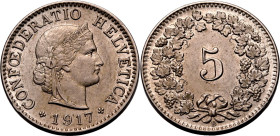 SWITZERLAND. 
Copper-nickel 5 rappen, 1917. 
Obv: CONF&OElig;DERATIO HELVETICA, diademed head of Libertas right; date below. Rev: Denomination withi...