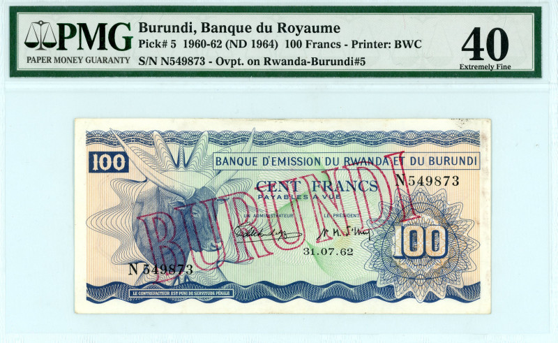 Burundi
Banque du Royaume
100 Francs, 31.07.62 (1960-1962) (ND 1964)
S/N N549873...