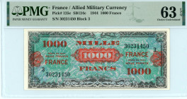 France
Allied Military Currency
1000 Francs, 1944
S/N 30231450, Block 3
Pick 125c

Graded Choice Uncirculated 63 EPQ PMG.

Only one in higher grade.