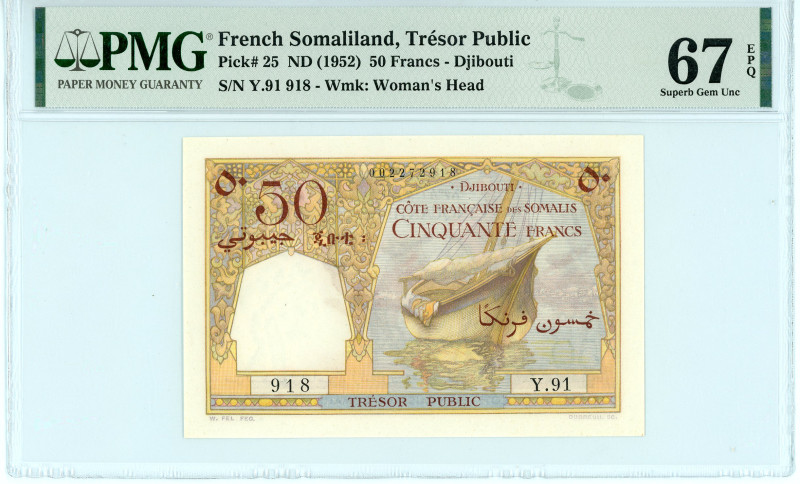 French Somaliland
Trésor Public
50 Francs, ND (1952)
S/N Y.91 918
Watermark: Wom...