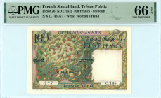 French Somaliland
Trésor Public
100 Francs, ND (1952)
S/N O.146 777
Watermark: Woman’s Head
Pick 26

Graded Gem Uncirculated 66 EPQ PMG.
