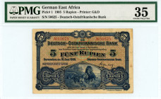 German East Africa
Deutsch-Ostafrikanische Bank
5 Rupien, 15th June 1905
S/N 50625
Printer: G&D
Pick 1

Graded Choice Very Fine 35 PMG.